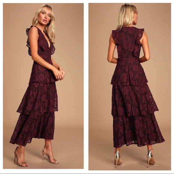 NWOT Lulus Molinetto Burgundy Lace Ruffled Tiered Sleeveless Maxi Dress - Picture 3 of 16